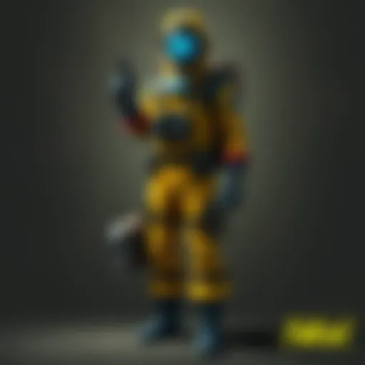An advanced radiation suit displayed against a dramatic backdrop