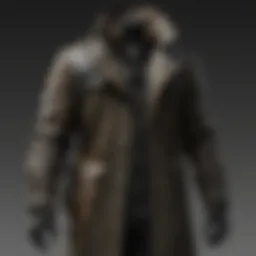 A close-up of the intricate stitching and fabric texture of a hunter trench coat