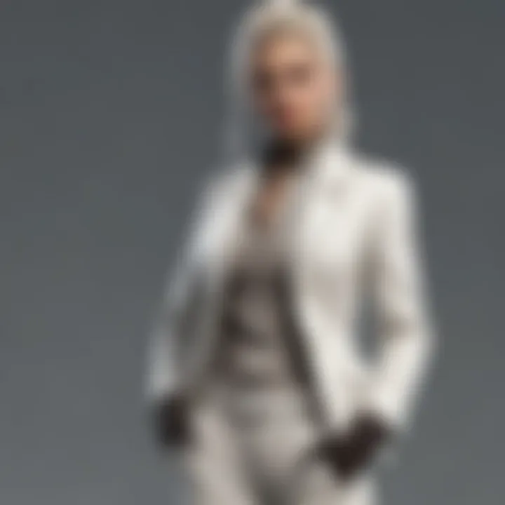 Sophisticated winter white pant suit displayed on a mannequin in a chic boutique setting.