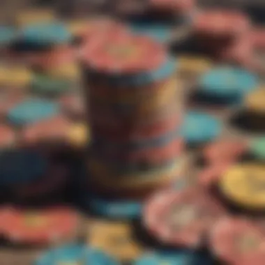 A close-up view of various colorful Vegas chips stacked together.