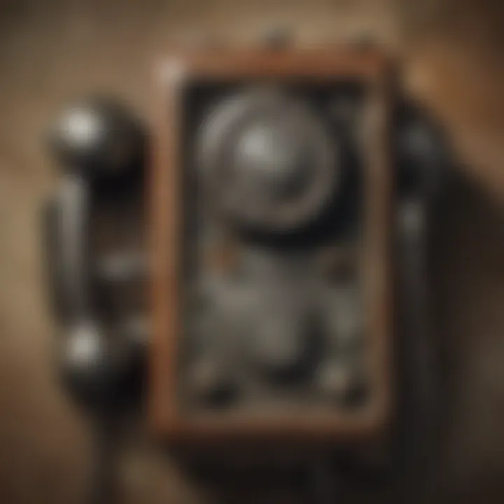 Close-up view of a vintage wall-mounted telephone highlighting its unique design and texture.