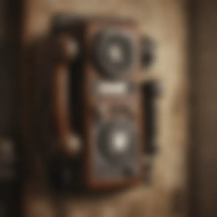 A collection of various vintage wall-mounted telephones displayed in a cozy interior setting.
