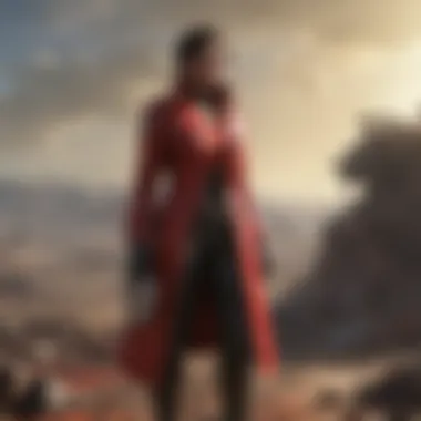 A character wearing the iconic red leather coat in a desolate Wasteland environment