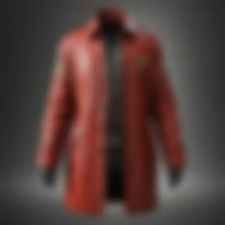 Detailed close-up of the red leather coat texture showcasing its craftsmanship