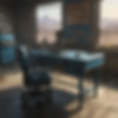 Aesthetic Appeal of the Blue Desk A visually striking blue desk set against a post-apocalyptic backdrop