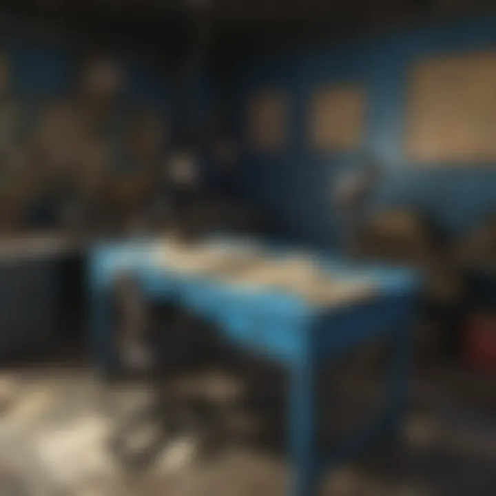 Close-up view of a blue desk filled with thematic elements from the Fallout series