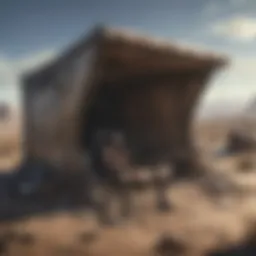 A detailed view of a makeshift shelter in a Fallout wasteland, showcasing its construction and materials.