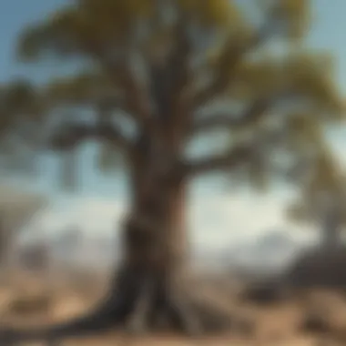 A close-up of a tree in Fallout, illustrating its intricate details and textures