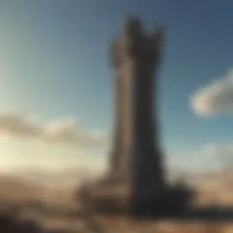 A panoramic view of Trinity Tower in Fallout 4, showcasing its towering structure against the wasteland skyline.