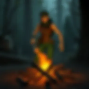 An outdoor scene showcasing the ignition of kindling with a spark from flint.