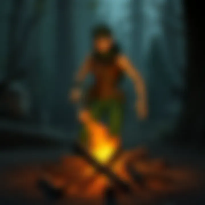 An outdoor scene showcasing the ignition of kindling with a spark from flint.