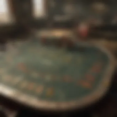 A close-up view of a blackjack table with cards and chips