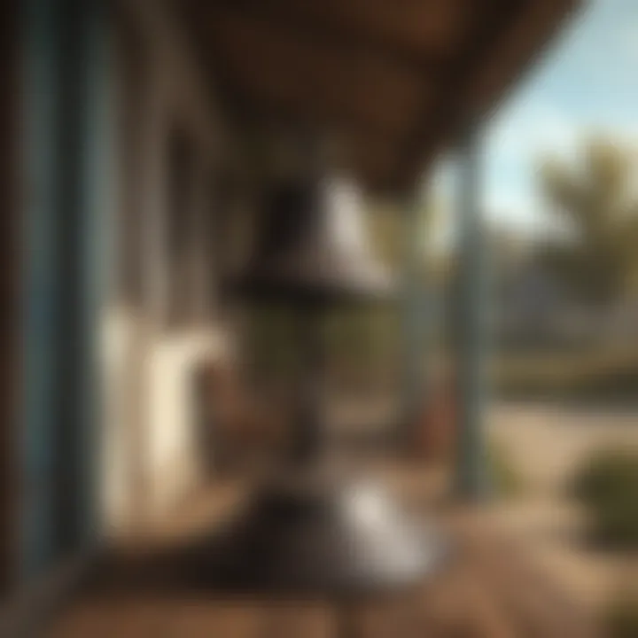 Vintage dinner bell on a peaceful countryside porch