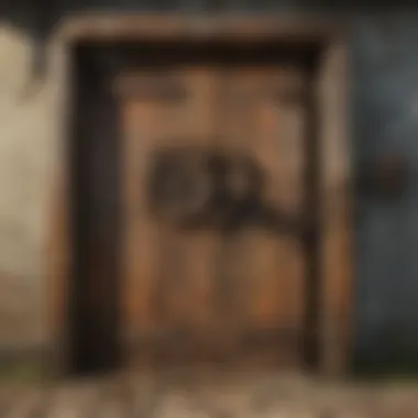 Close-up of aged wooden farm door latch mechanism