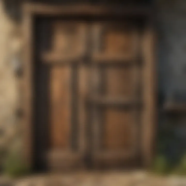 Rustic wooden farm door set against a picturesque countryside backdrop